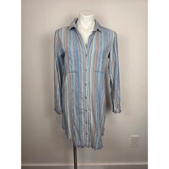 Cloth & Stone Striped Fringe Shirt Dress XS Blue Linen Blend Casual Bohemian - Picture 1 of 8